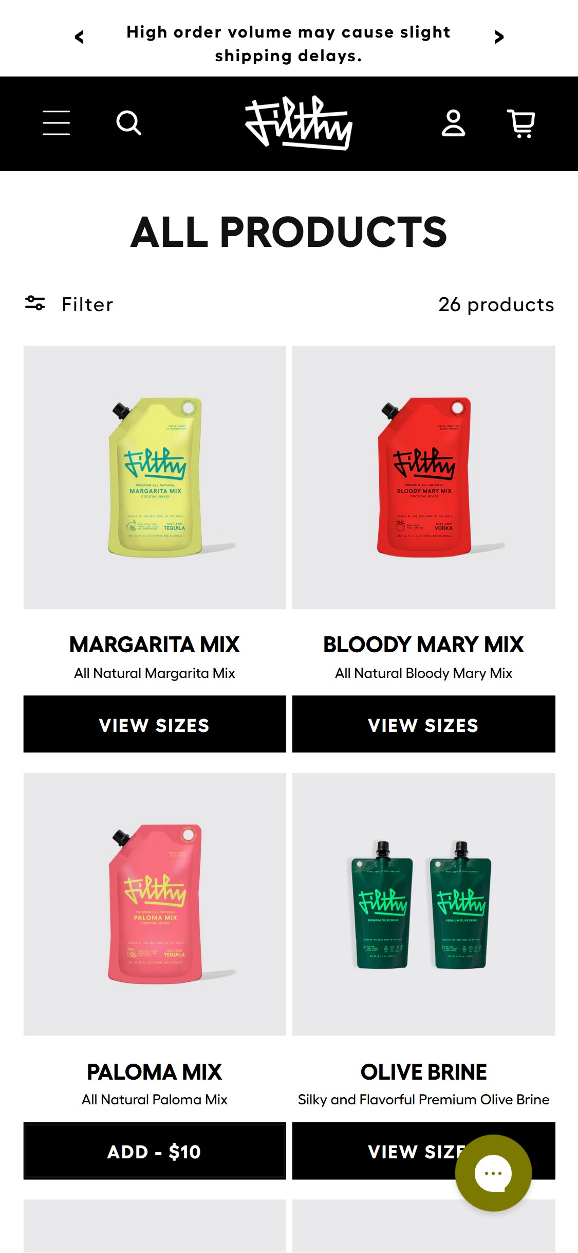 Filthy Food â€” 'VIEW SIZES' Instead of Quick Add